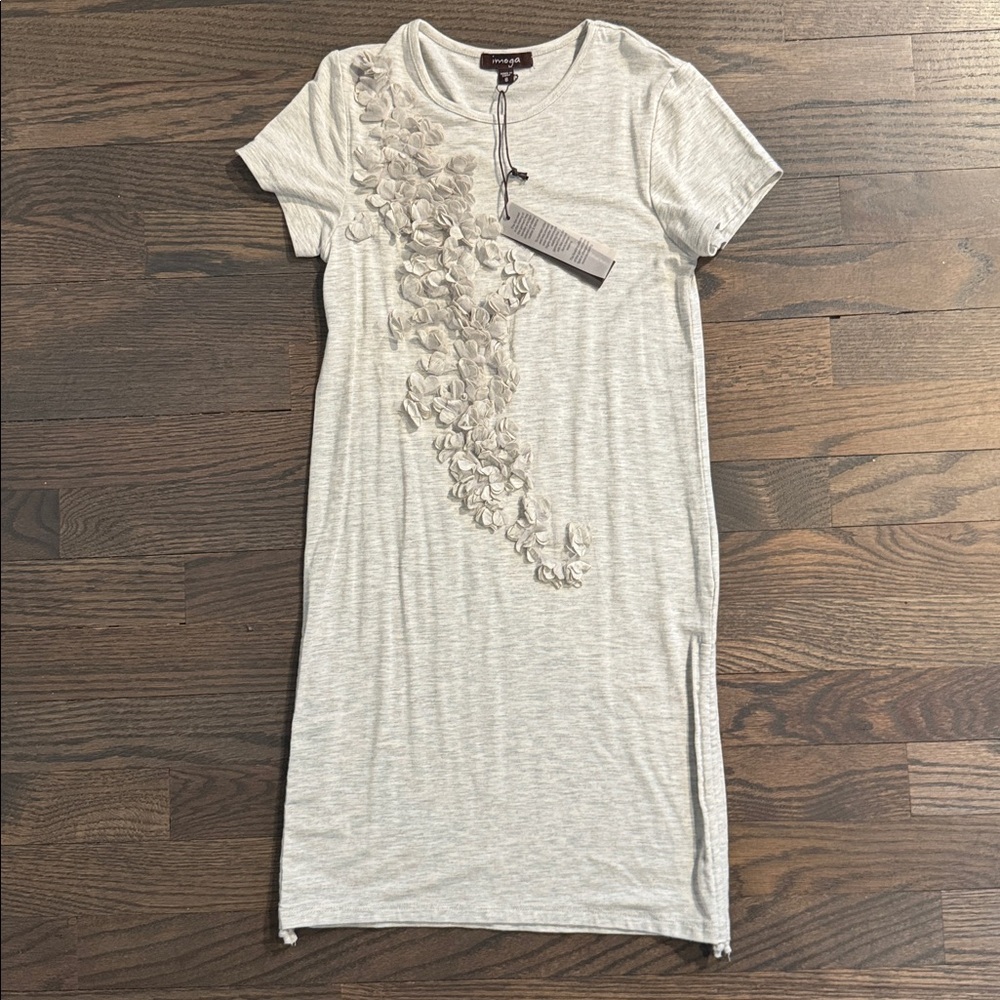 NWT Imoga Light Gray Dress with Floral Appliqué and Drawstring Sides, Size 8